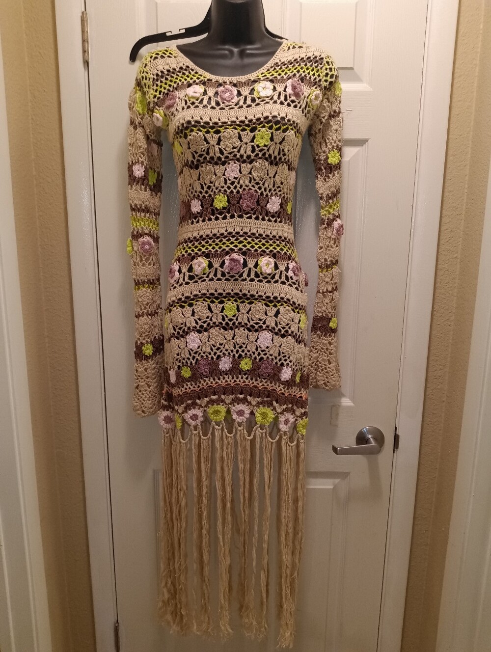 Free People Boho Crochet Fringe Maxi Top in Beige with Floral Accents